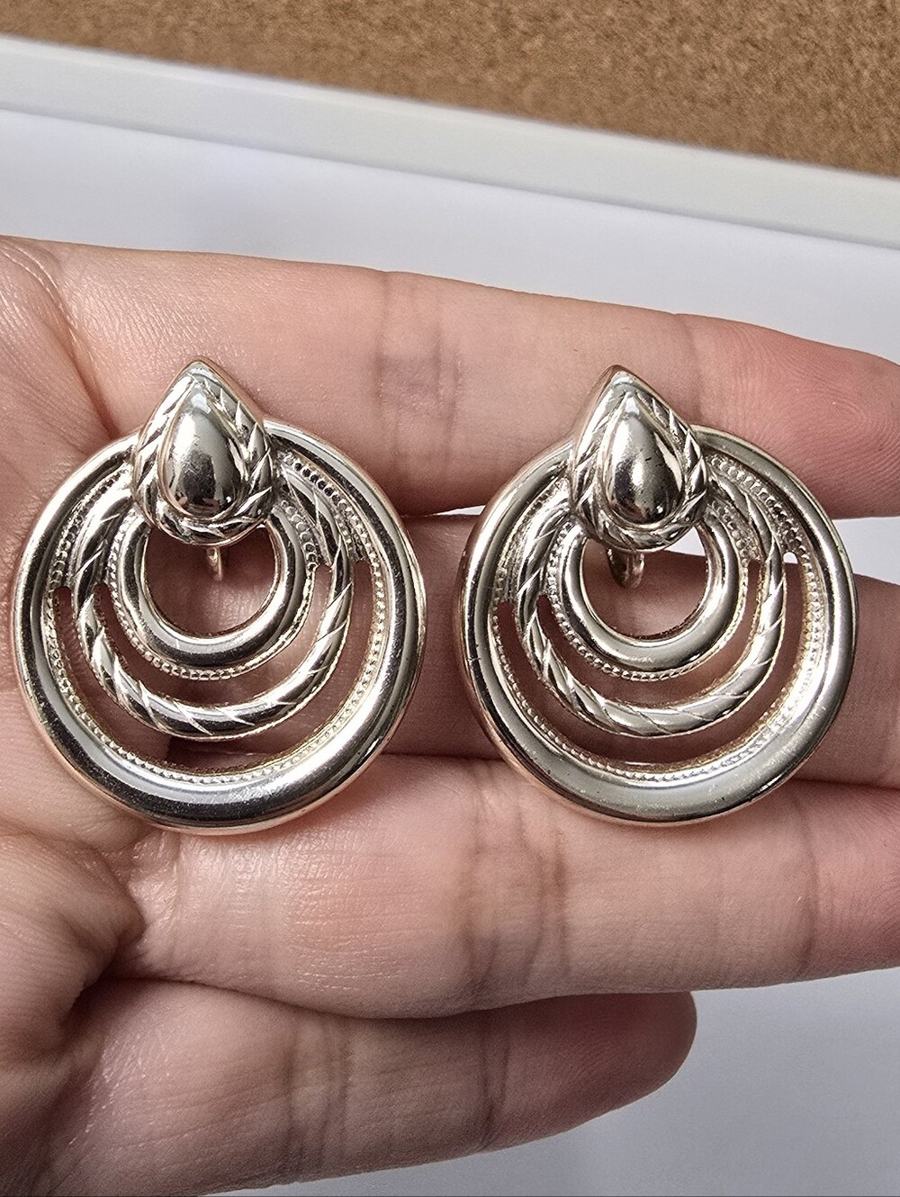Polished Silver-Tone Concentric Hoop Drop Earrings Clip On